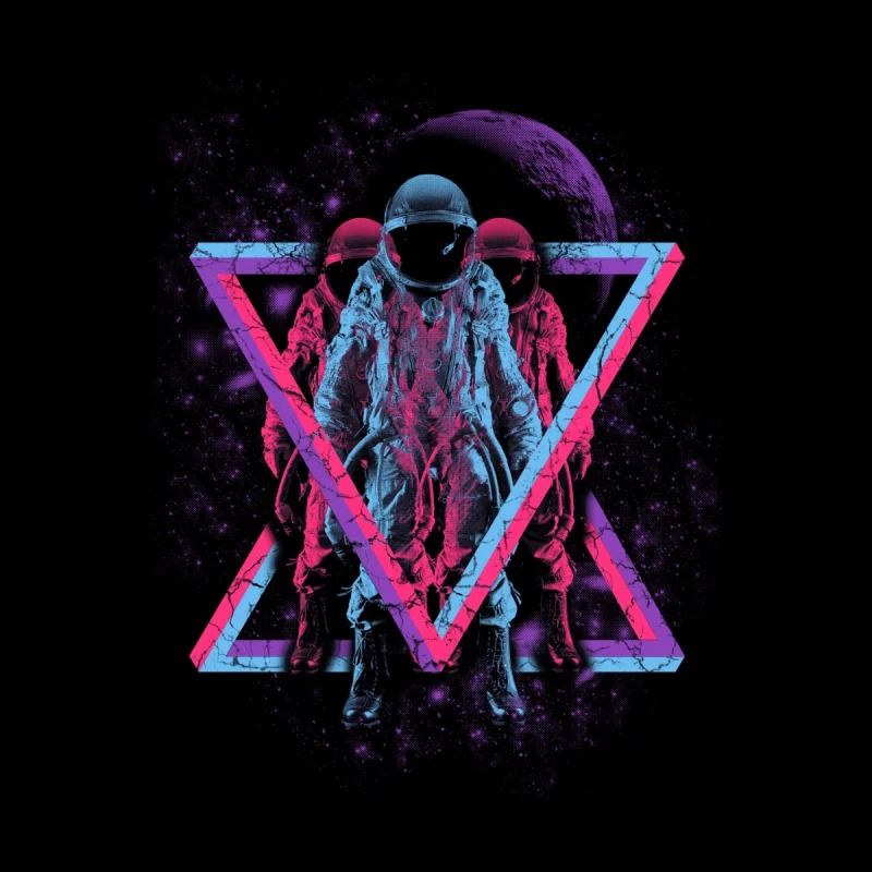 The drawing is of an astronaut in a spacesuit standing in the foreground against a backdrop of space with a large, shaded celestial body. A neon pink and blue triangle frames the astronaut, adding a vibrant contrast.