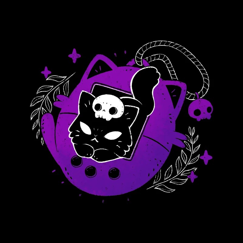 creepy cute black cat coming out of the purple tamagotchi.
