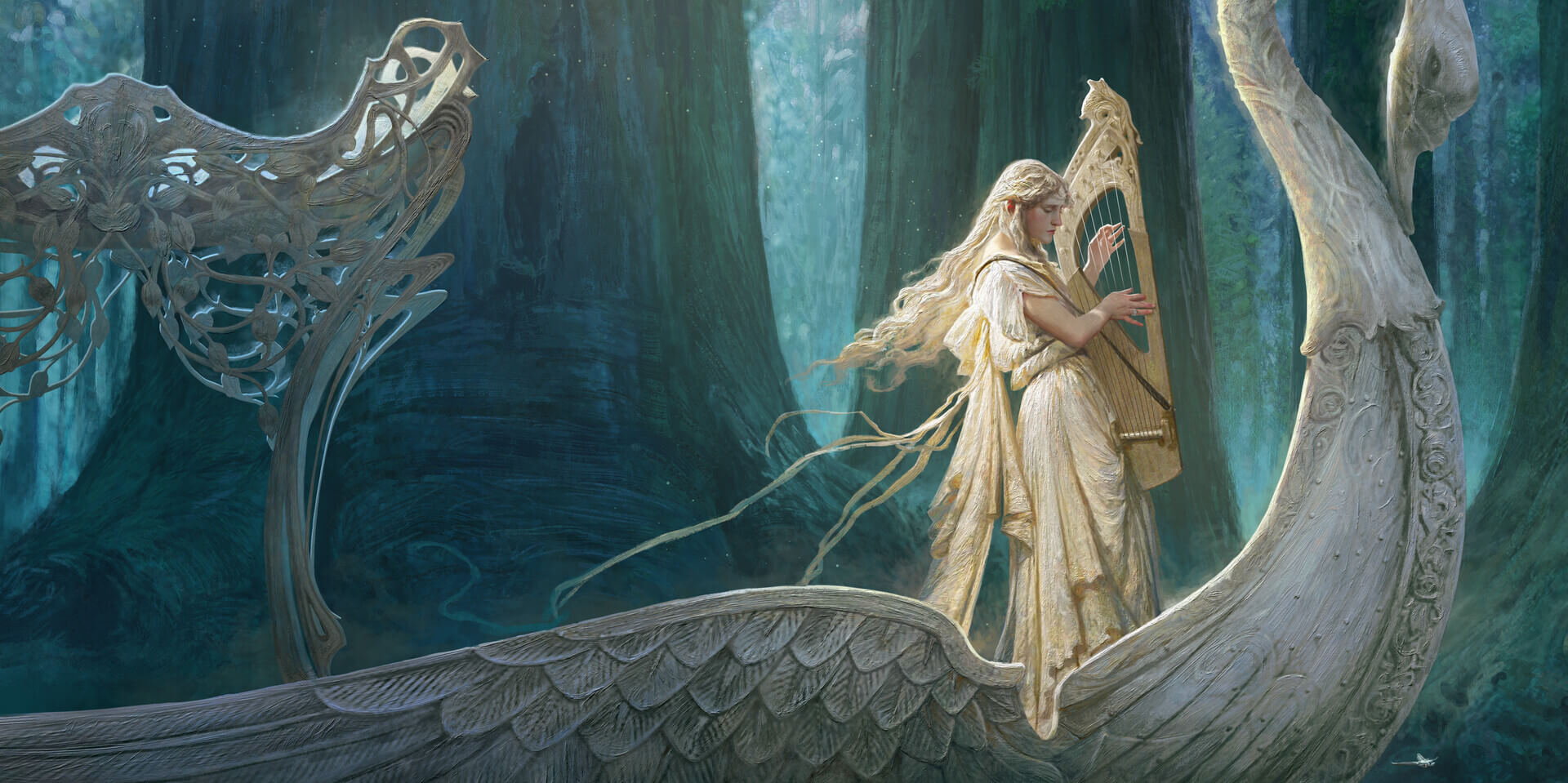 A woman in a white dress balances on a large white swan, embodying a magical moment in a tranquil aquatic environment.