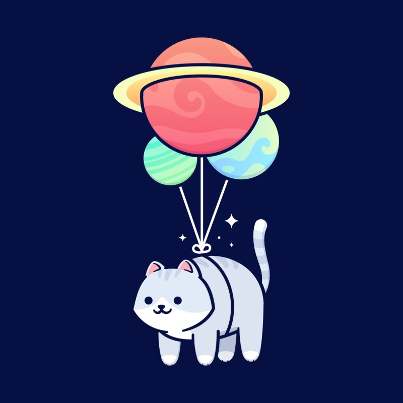 Kawaii Cat Floating with Balloons in Space