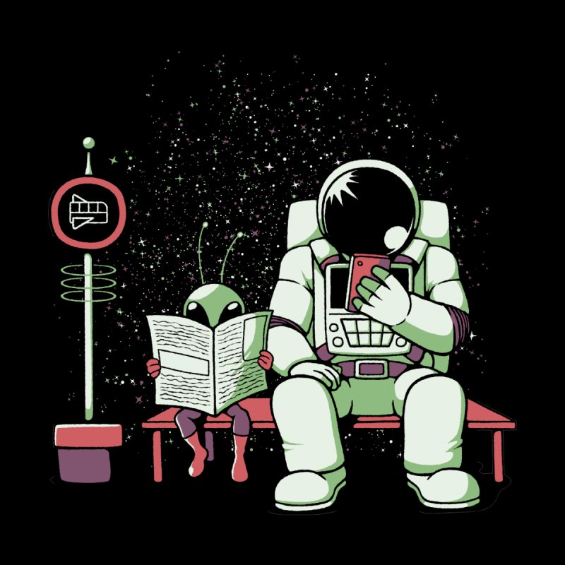 Astronaut In a Bus Stop Funny Alien Reading Newspaper