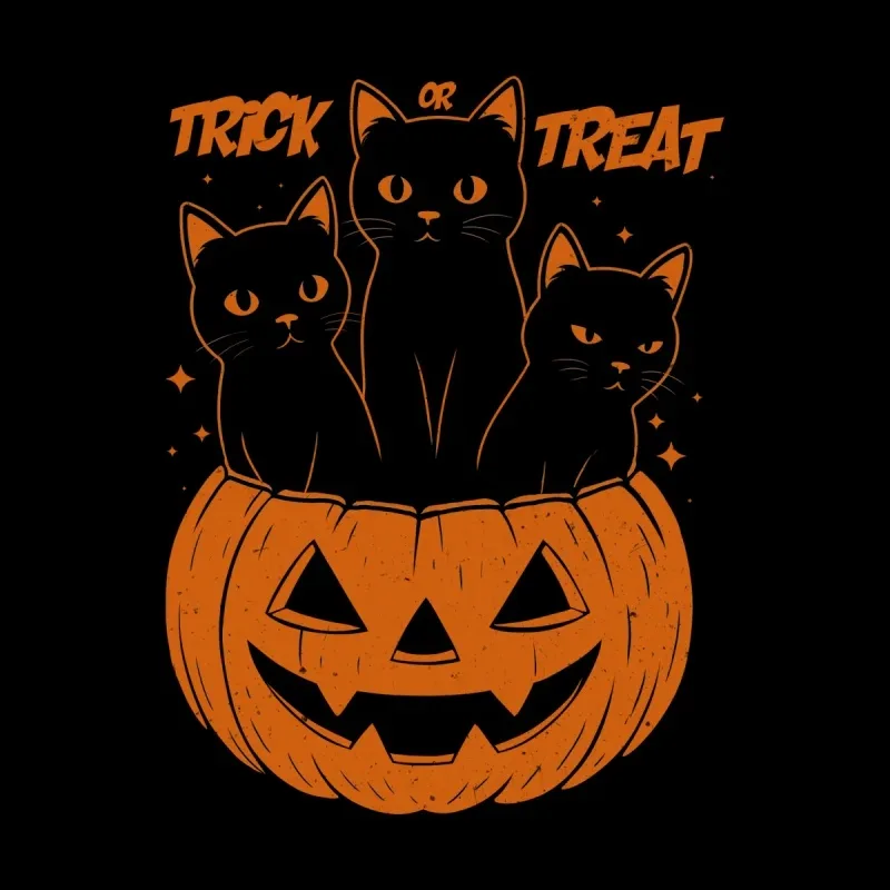 Three black cats sit playfully in a carved orange pumpkin, with the words "Trick or Treat" above them, set against a black background.