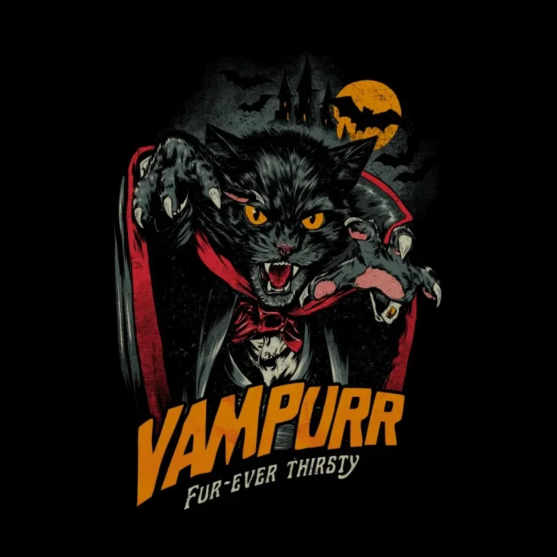 A fierce black cat dressed as a vampire, with glowing eyes and sharp claws, set against a spooky night backdrop. Text: "VAMPURR FUR-EVER THIRSTY."