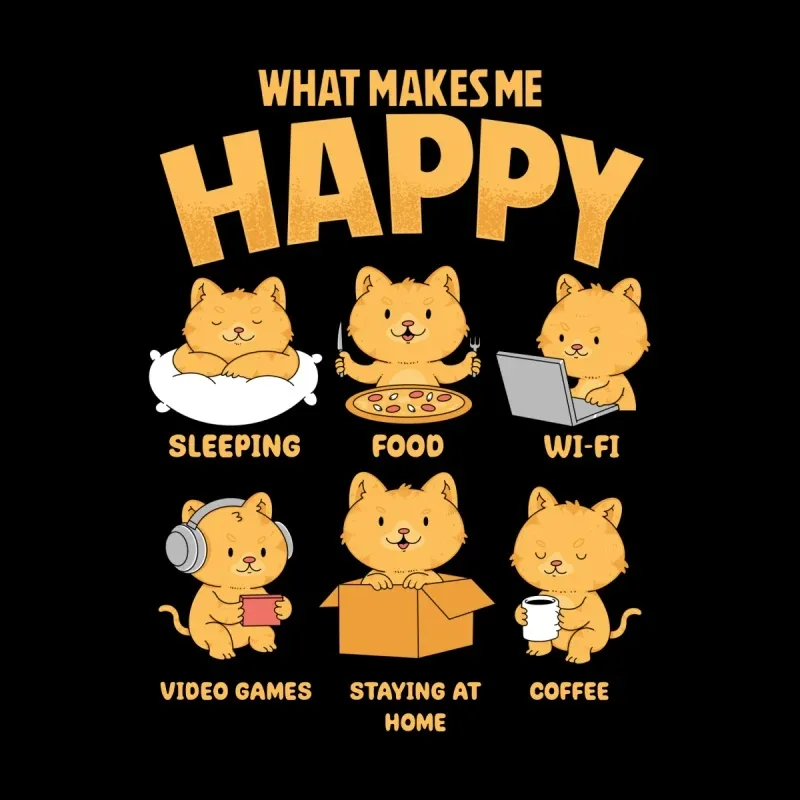 A cheerful illustration of six cute cats, each representing different joys: sleeping, food, Wi-Fi, video games, staying home, and coffee.