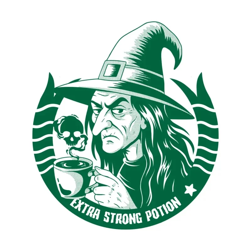A witch in a hat holds a steaming cup, surrounded by a circular design featuring a skull and the text "EXTRA STRONG POTION."