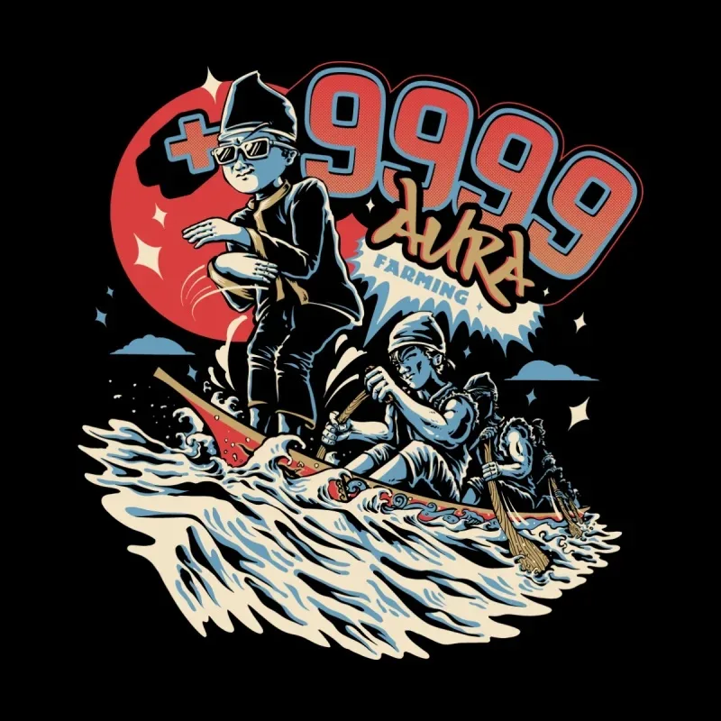 A vibrant graphic of three individuals navigating waves on a surfboard, surrounded by playful designs and bold text elements.
