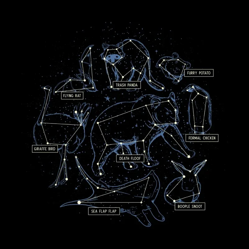 A whimsical illustration of constellations shaped like humorous animal names: Trash Panda, Furry Potato, Flying Rat, and more.