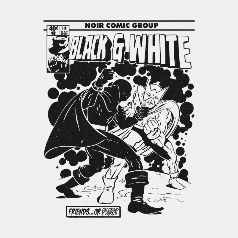 Comic book cover featuring two masked characters in a fierce fight, titled "Black & White." Text reads "Friends... or Foes?"