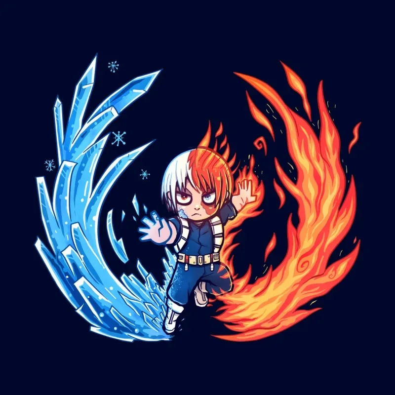 A chibi character stands with arms outstretched, surrounded by swirling blue ice and fiery orange flames, representing elemental powers.