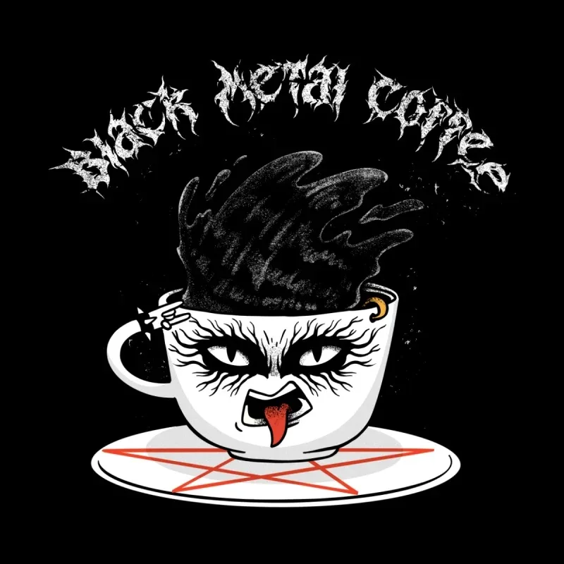 A stylized graphic featuring a steaming coffee cup on a plate with a star pattern, accompanied by the text "BLACK METAL COFFEE."