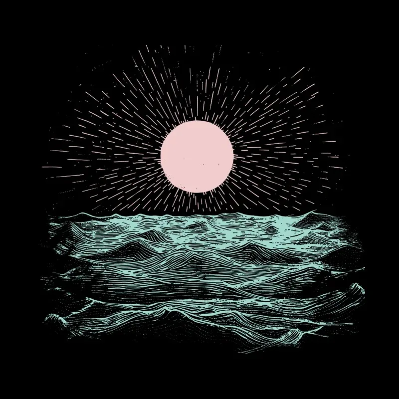 A stylized ocean scene featuring a large pink sun with radiating lines against a dark background, illuminated teal waves below.