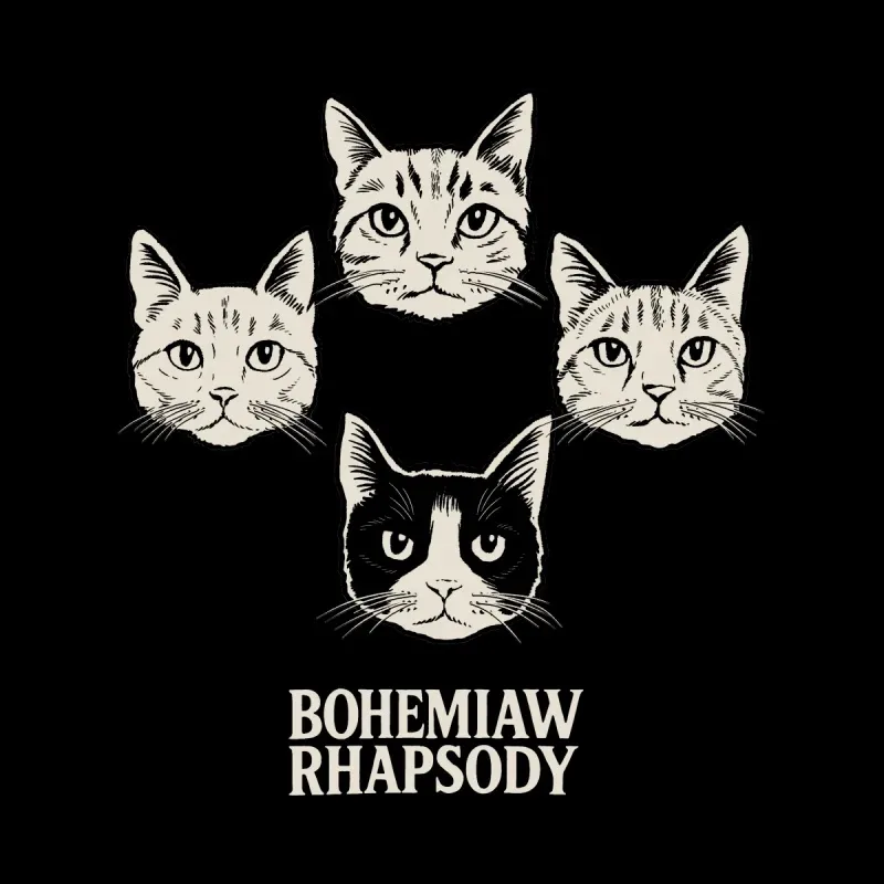 Four illustrated cats with distinct expressions, arranged in a diamond shape, with the text "BOHEMIAW RHAPSODY" below.