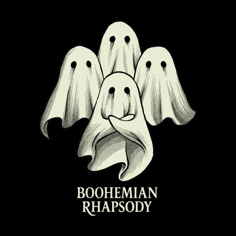 Four cartoonish ghosts in white sheets, with round eyes, pose together under the text "BOOHEMIAN RHAPSODY" on a black background.