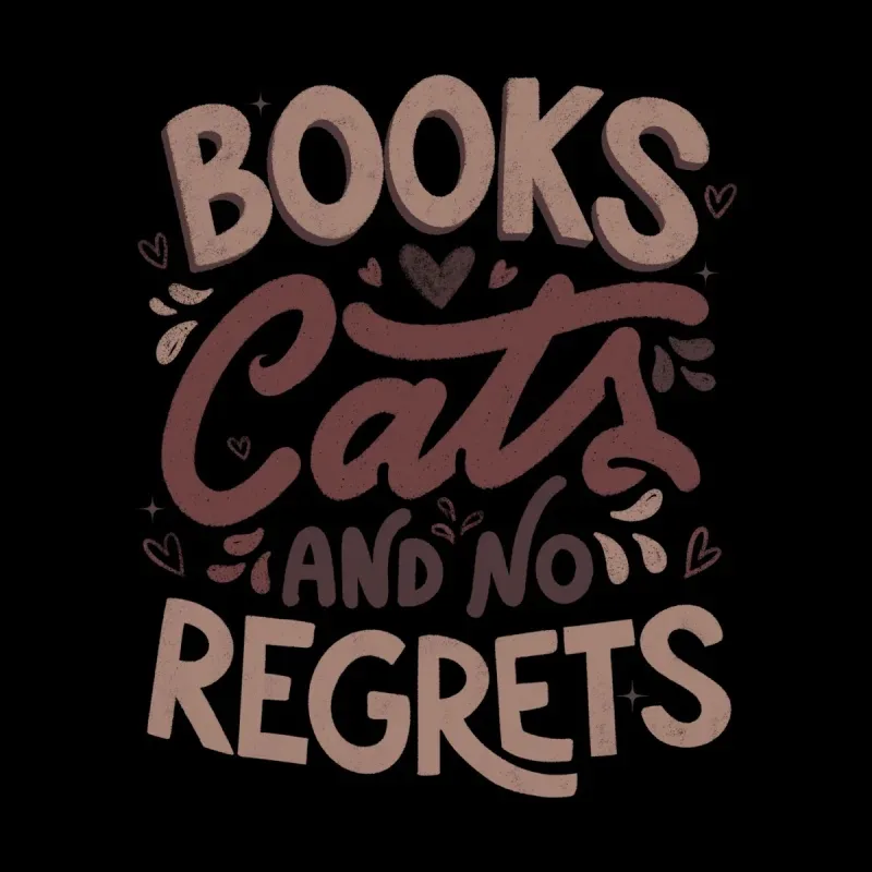 Text design featuring the phrases "Books," "Cats," and "No Regrets" in playful fonts with hearts on a black background.