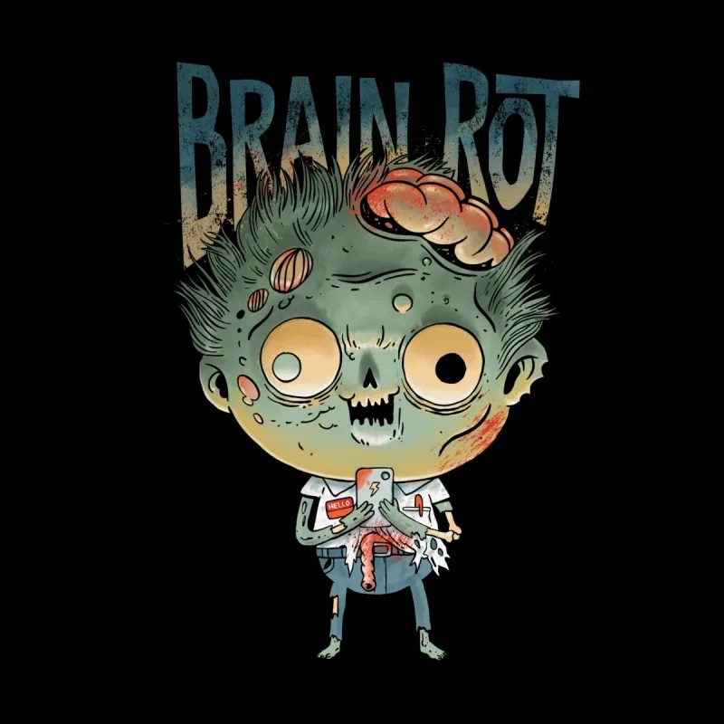 A cartoonish zombie with a disheveled appearance, holding a phone and sporting a brain on its head, under the text "BRAIN ROT."