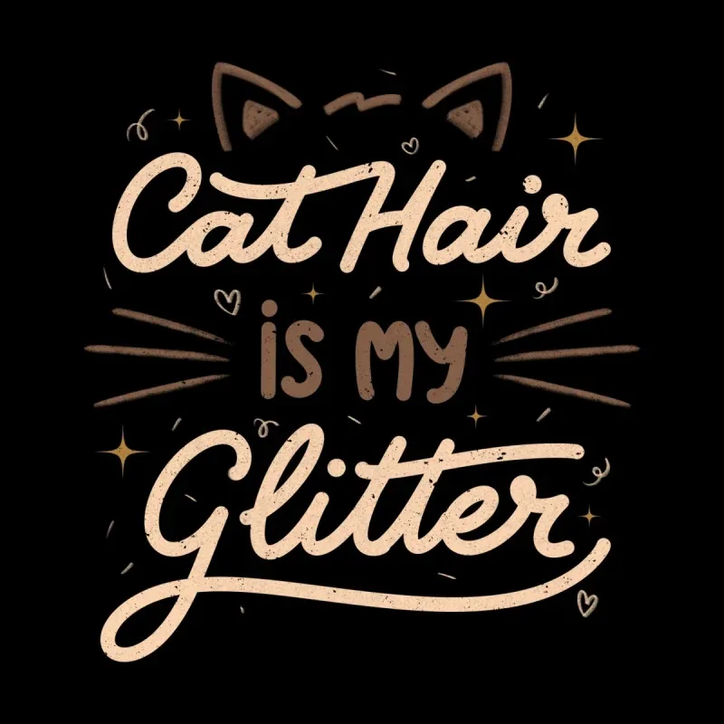 Playful text design states "Cat Hair is My Glitter," surrounded by cat ears and decorative elements on a black background.