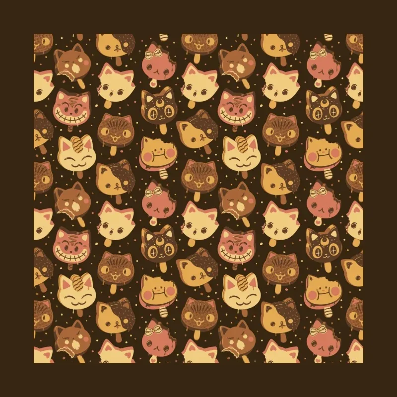 A playful pattern of cartoon cat faces in various colors and expressions on a dark brown background.