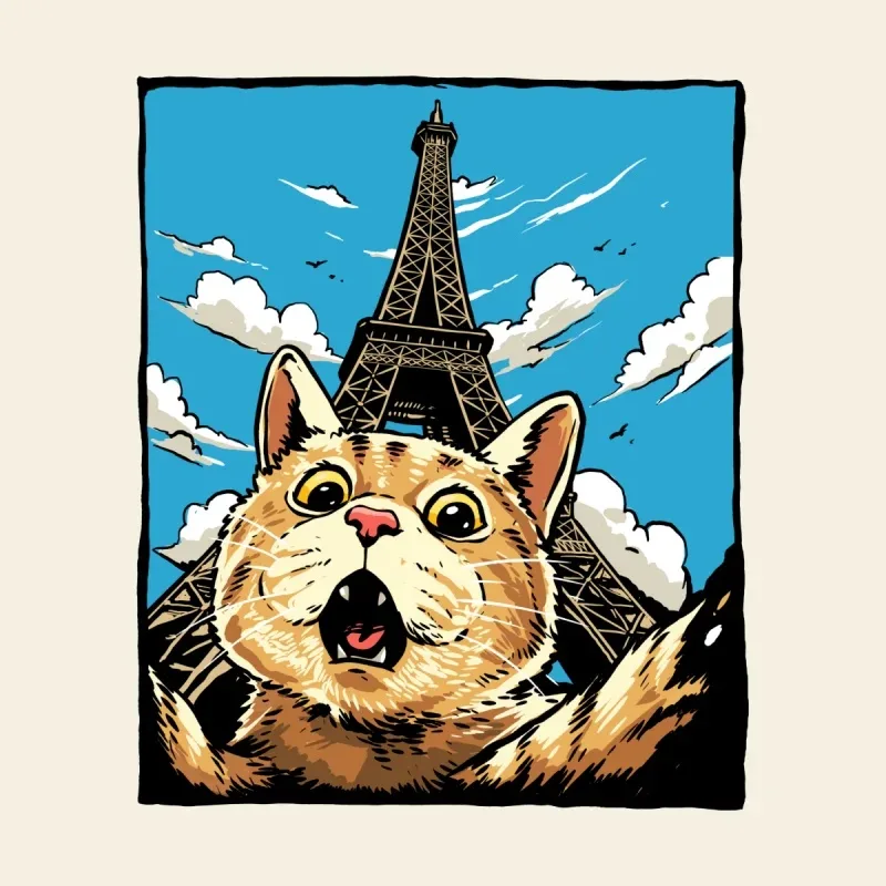 A surprised orange cat appears in front of the Eiffel Tower against a bright blue sky with clouds.