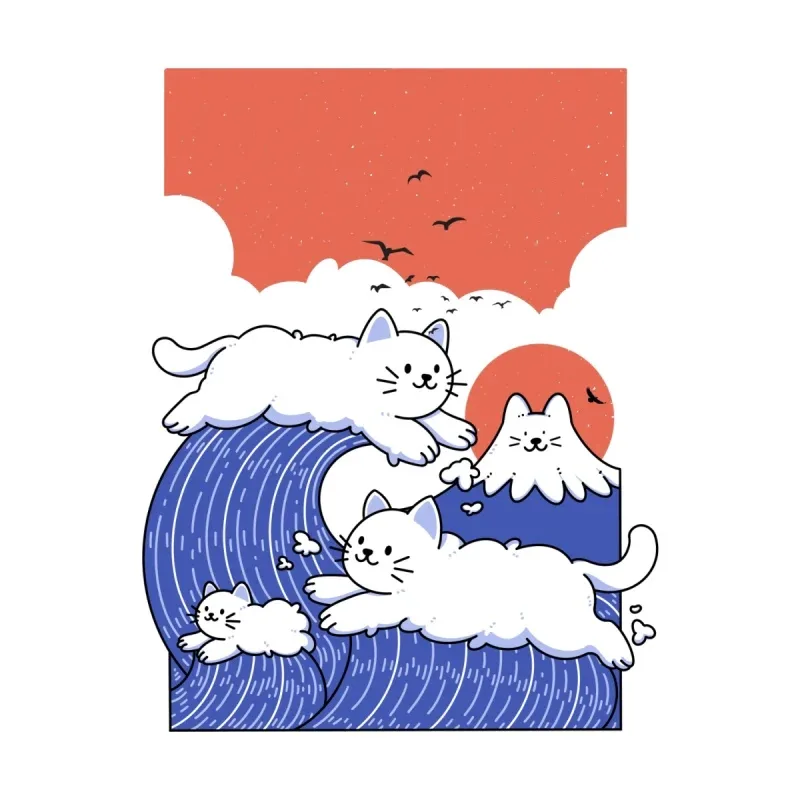 Four cartoon cats playfully surf vibrant blue waves under a pastel sunset sky with fluffy clouds and flying birds.