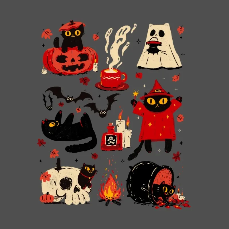 A playful Halloween-themed illustration featuring black cats, pumpkins, bats, a ghost, and spooky potions on a dark background.