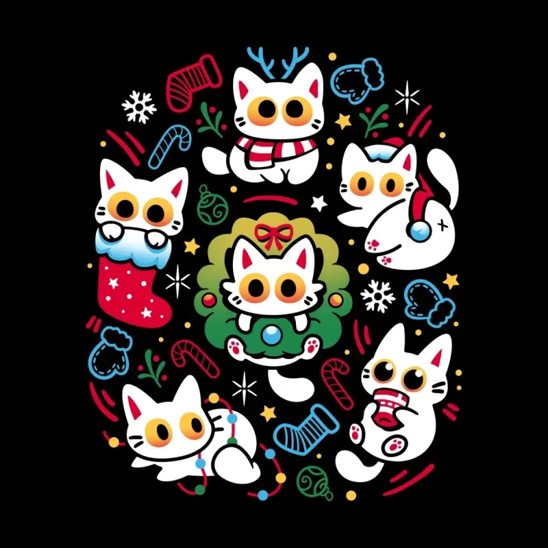 A festive circular design featuring six cute, cartoonish cats adorned with holiday accessories and decorations on a black background.