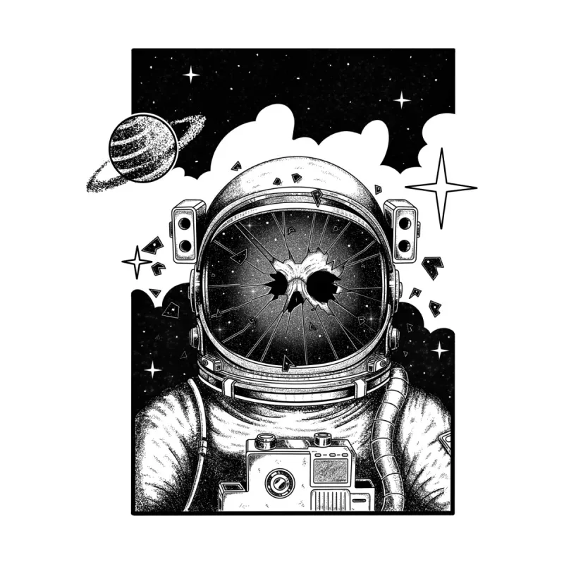 An astronaut with a cracked helmet reveals a skull, surrounded by stars and a planet, holding a vintage camera in space.