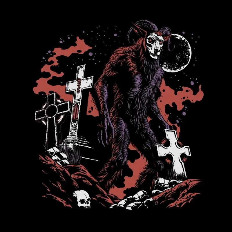 A menacing creature with horns and a skull-like face stands among gravestones, under a glowing moon, with a haunting red background.