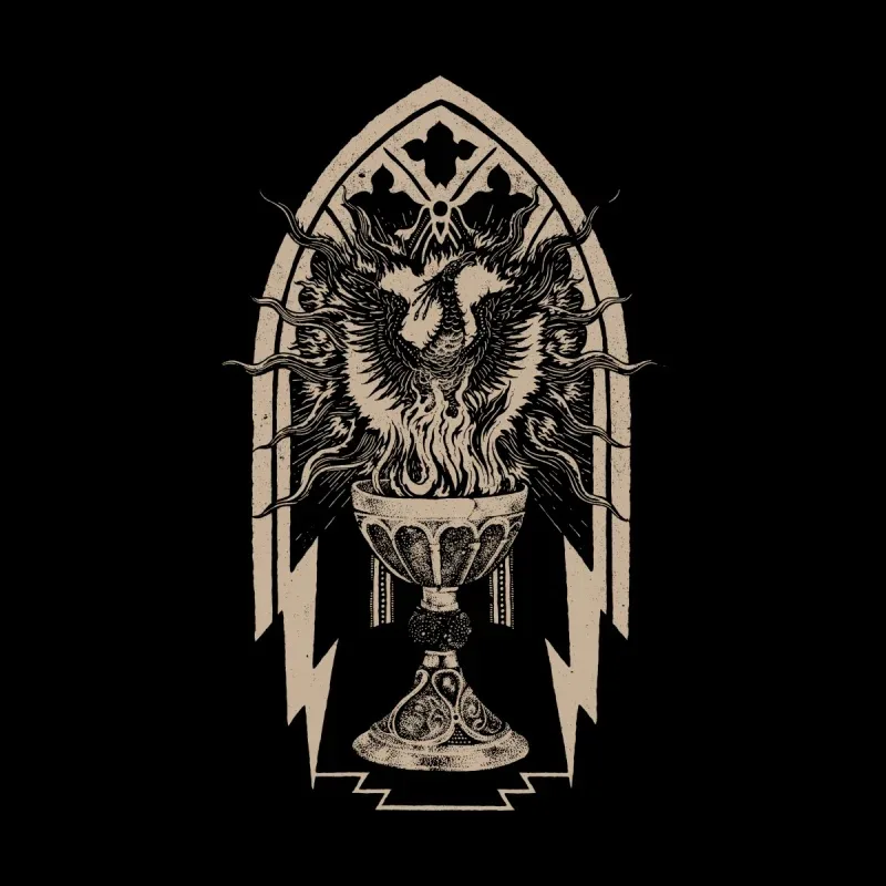 A stylized design featuring a fiery phoenix above a chalice, framed in a gothic arch, with lightning motifs in the background.