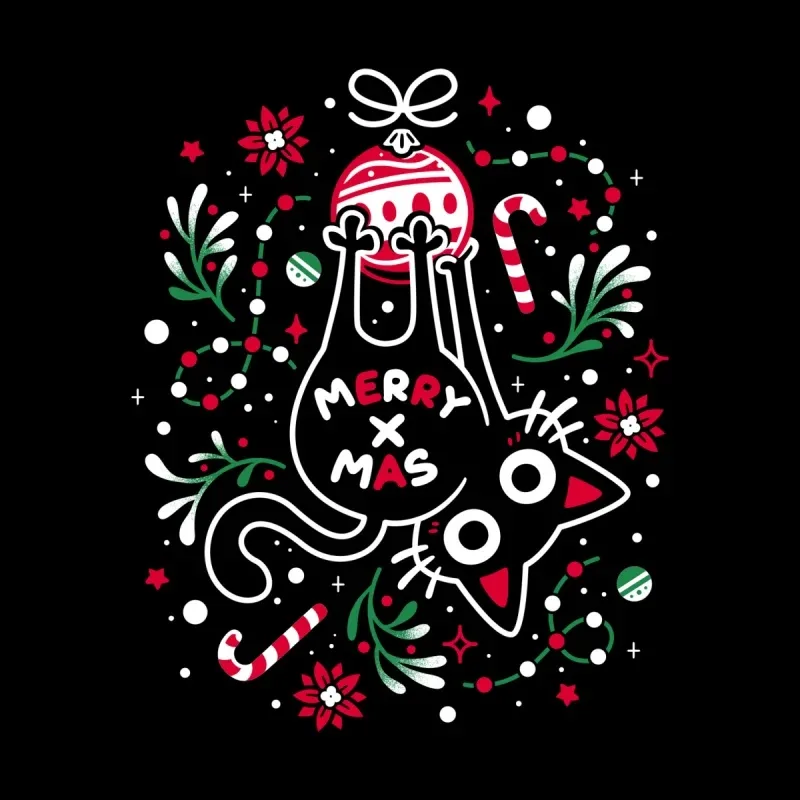 A playful black cat hangs upside down, surrounded by festive decorations, with "MERRY X MAS" written on its belly.