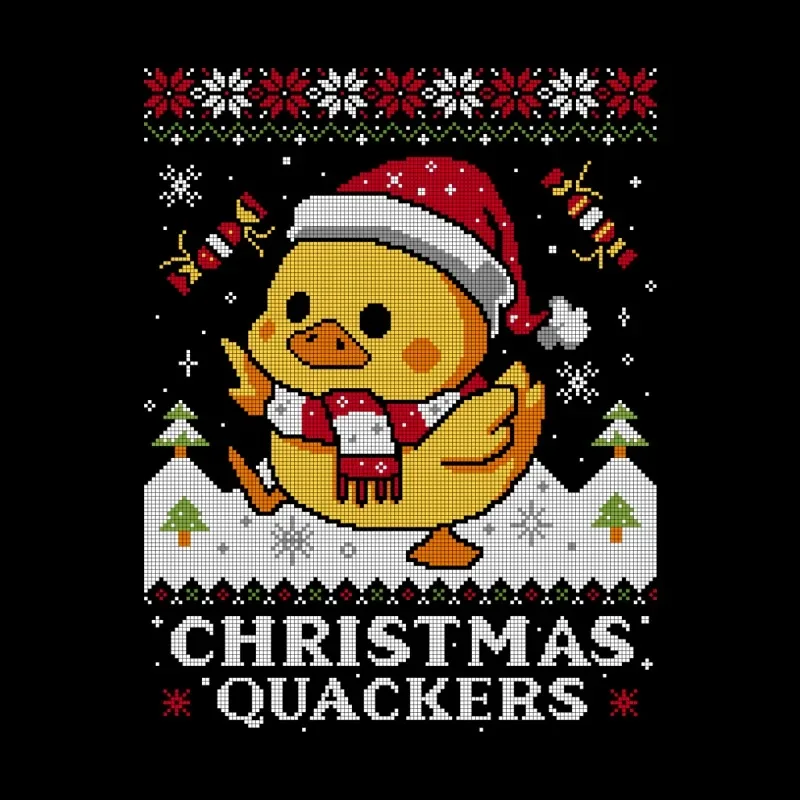 A cheerful cartoon duck in a Santa hat and scarf dances in a snowy landscape, with "Christmas Quackers" text below.