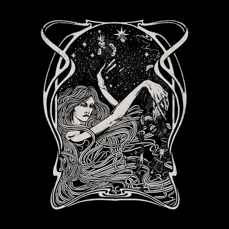 A surreal black and white illustration featuring intricate designs, swirling lines, and celestial elements engulfed in a cosmic theme.