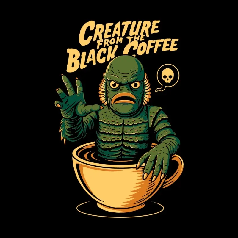 A green, scaled creature emerges from a coffee cup, with a fierce expression, surrounded by playful text and a skull icon.