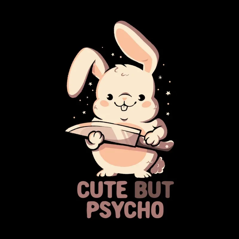 A cute cartoon rabbit holds a knife, surrounded by sparkles, with the playful phrase "Cute But Psycho" beneath it.