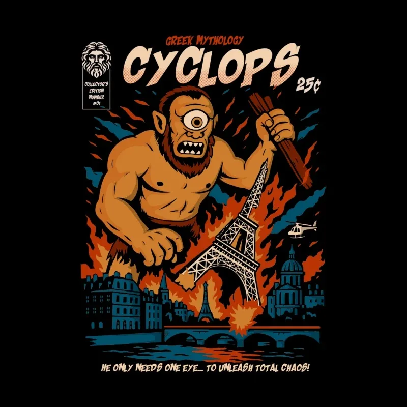 A fierce cyclops towers over burning Paris, holding a weapon, with chaos unfolding around the Eiffel Tower, blending mythology with urban destruction.