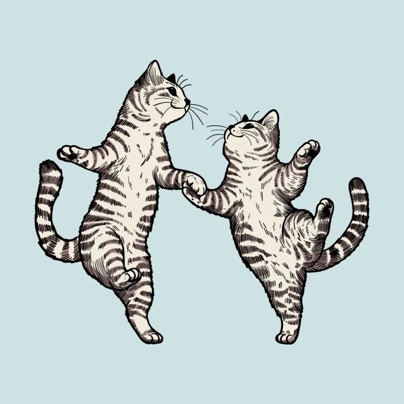 Two joyful striped cats stand on their hind legs, holding paws and dancing playfully against a light blue background.