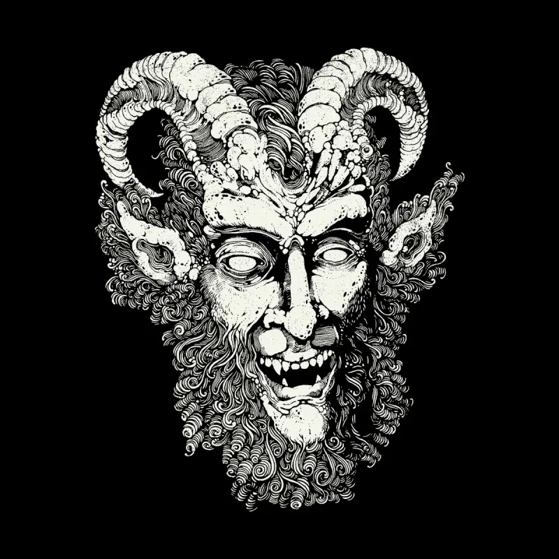 A detailed illustration of a ram's head with large curled horns, surrounded by swirling, intricate designs on a black background.
