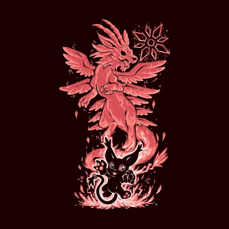 A fierce dragon-like creature with wings and claws battles a playful, shadowy cat-like figure, set against a dark background.