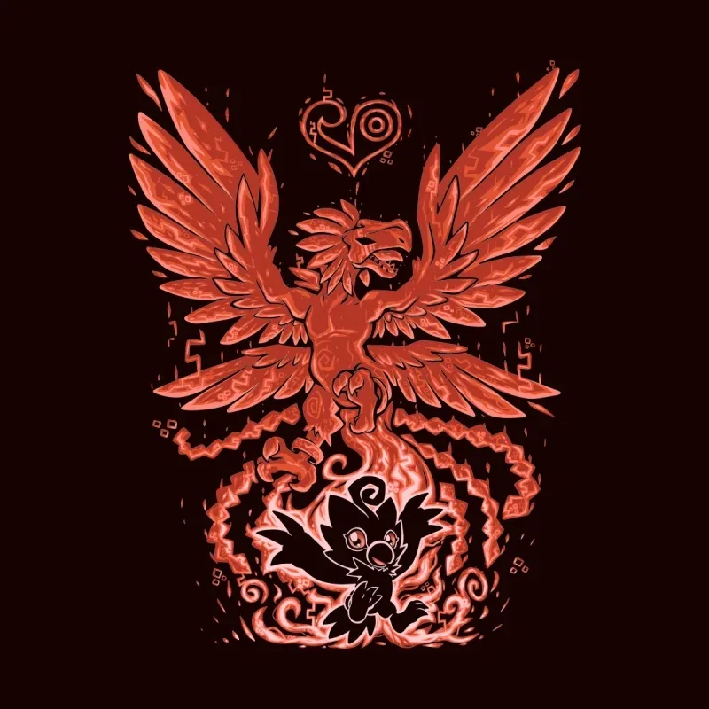 A fiery, stylized griffin with outstretched wings looms over a small, playful creature amidst swirling flames and symbols.