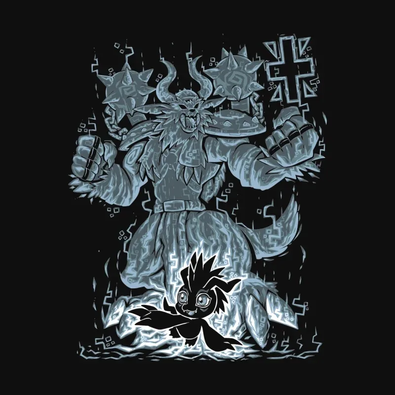 A fierce beast with horns and spiked armor looms over a small creature, created in a vivid, monochromatic design.