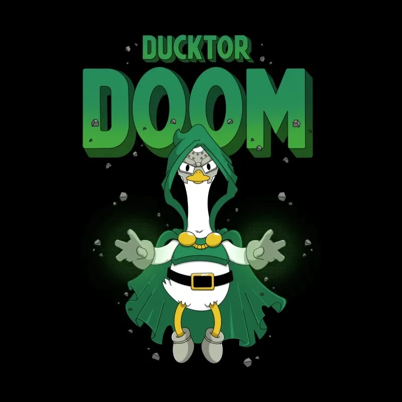 A cartoon duck dressed as a superhero in a green cloak, with "DUCKTOR DOOM" text above, set against a dark background.
