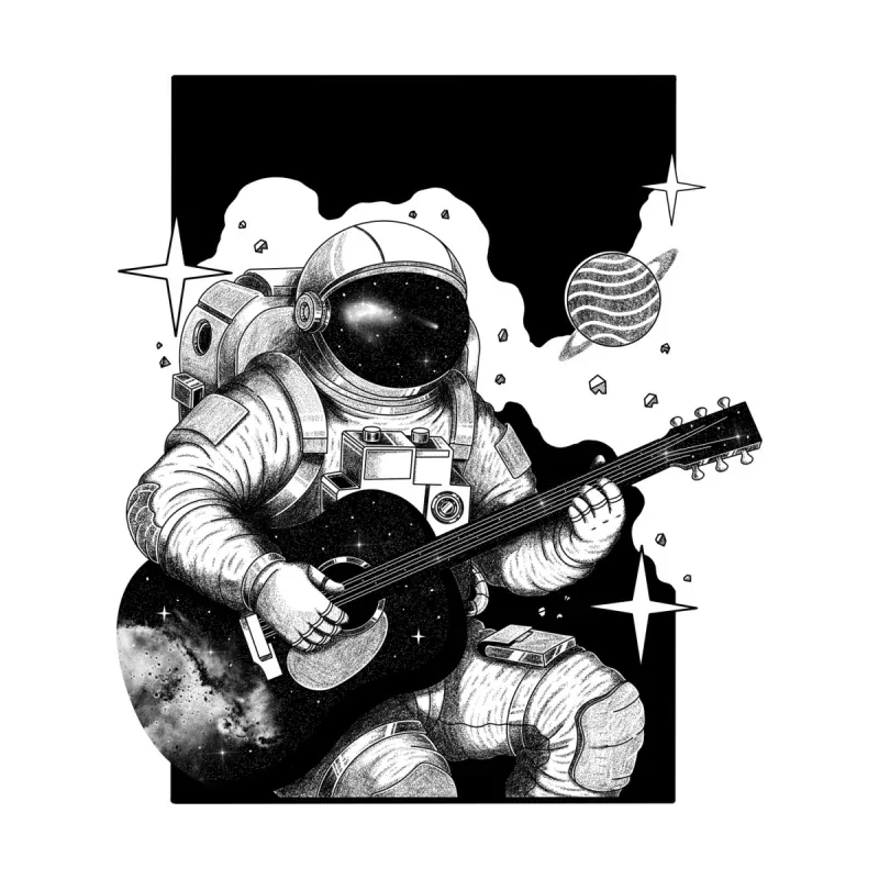 An astronaut plays an acoustic guitar in space, surrounded by stars and a distant planet, blending music and cosmic exploration.