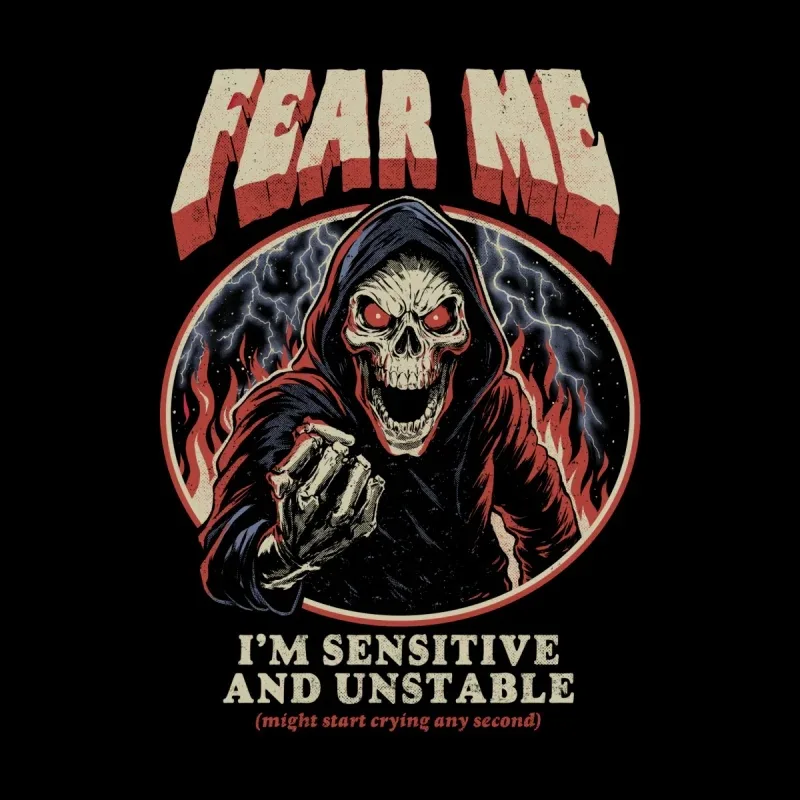 A skull-faced figure in a hooded cloak, surrounded by flames, holding a fist and captioned with humorous, edgy text about sensitivity.