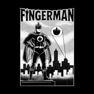 A retro-style superhero, Fingerman, poses confidently atop a cityscape, with a hand symbol and "FINGERMAN" text above.