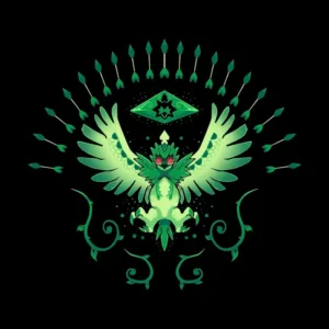 A stylized green phoenix with outspread wings, surrounded by arrows and decorative elements on a black background.