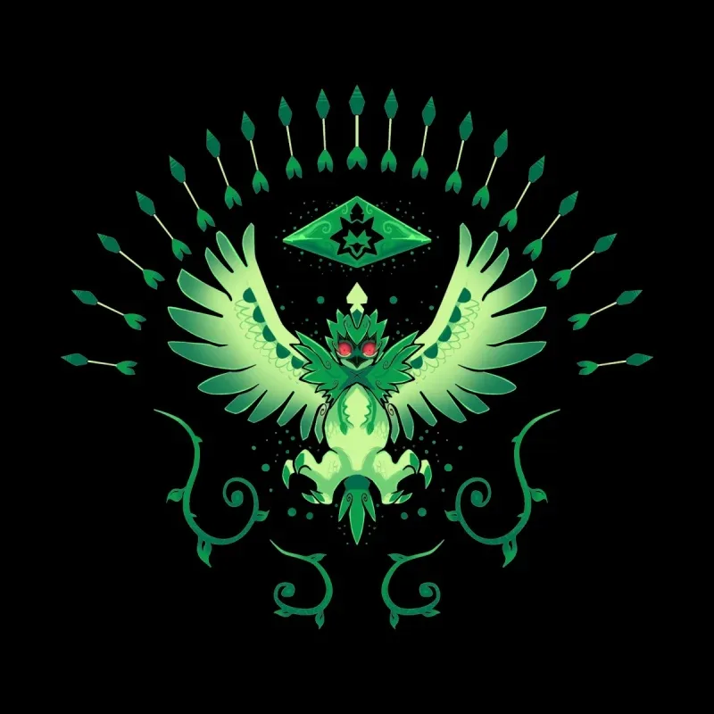 A stylized green phoenix with outspread wings, surrounded by arrows and decorative elements on a black background.