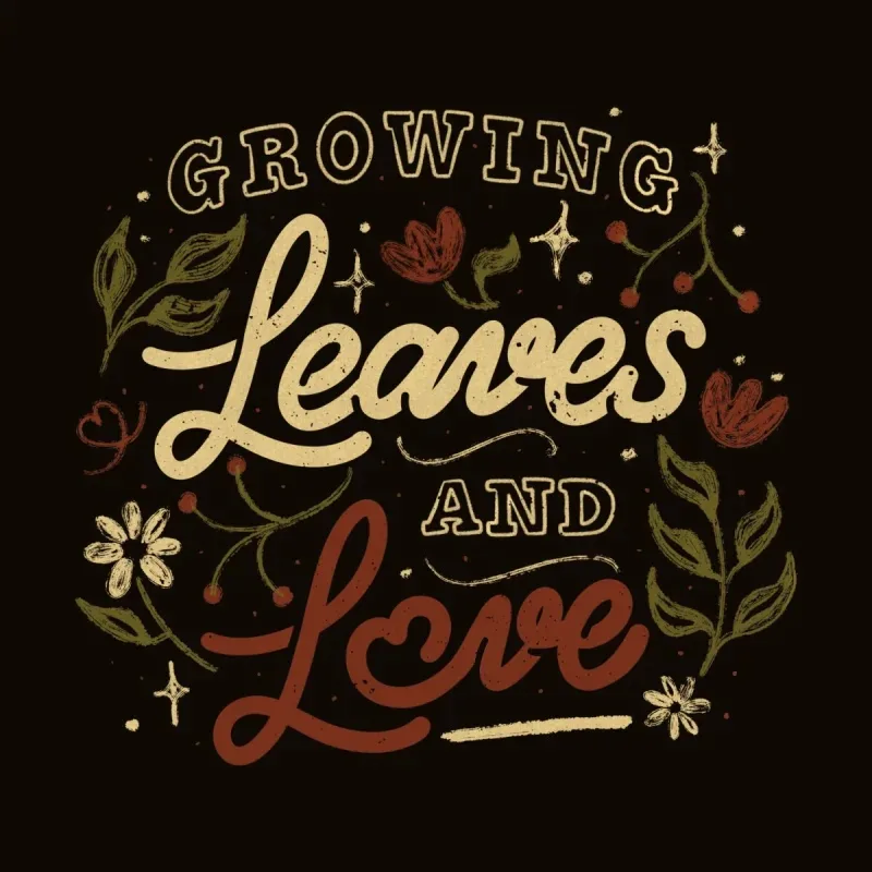 Colorful typography design featuring the words "Growing Leaves and Love" surrounded by floral illustrations on a dark background.