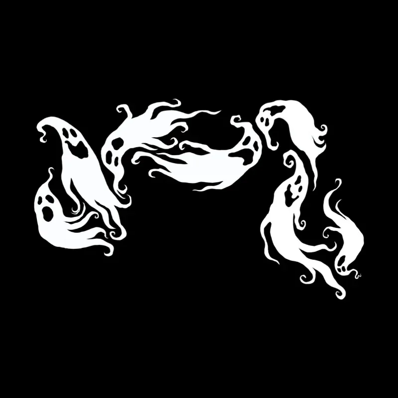 Five swirling white ghost figures on a black background, each with unique shapes and expressions, creating a spooky atmosphere.