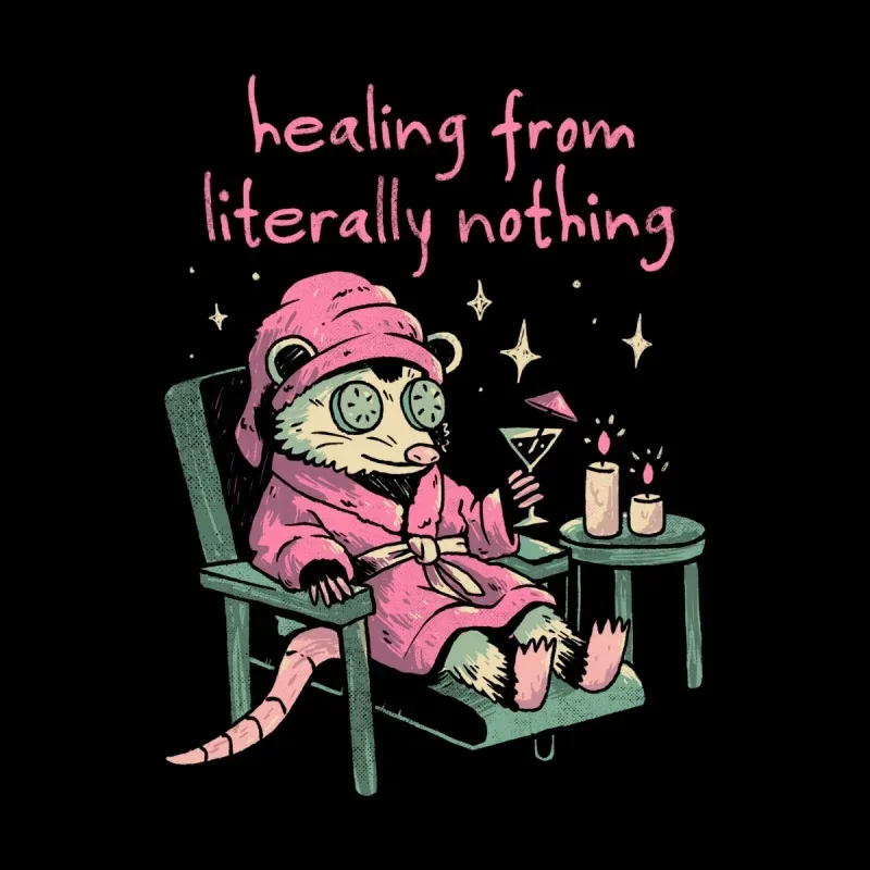 An opossum in a pink robe and oversized glasses relaxes in a chair, sipping a cocktail, with candles glowing nearby, captioned "Healing from literally nothing."