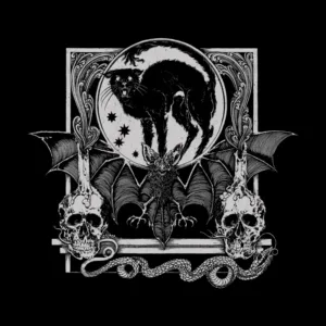 A mystical design featuring a black cat, bats, skulls, and a snake, all framed by ornate detailing against a black background.