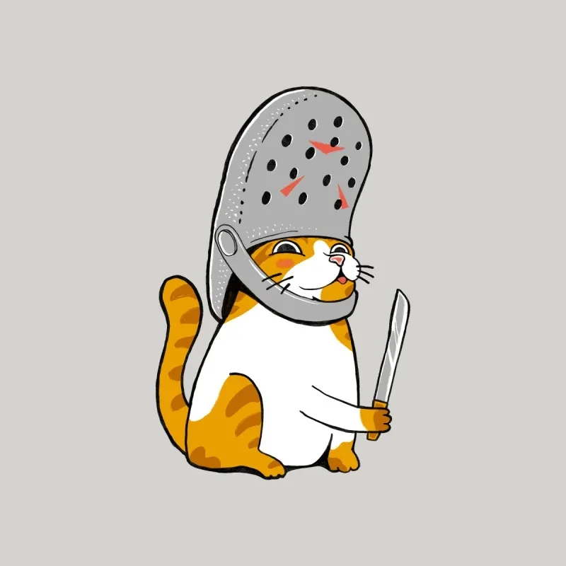A cheerful orange and white cat wearing a colander as a helmet, holding a knife with a playful expression.